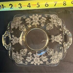 Cambridge gold glass apple blossom etched 2 handled candy dish